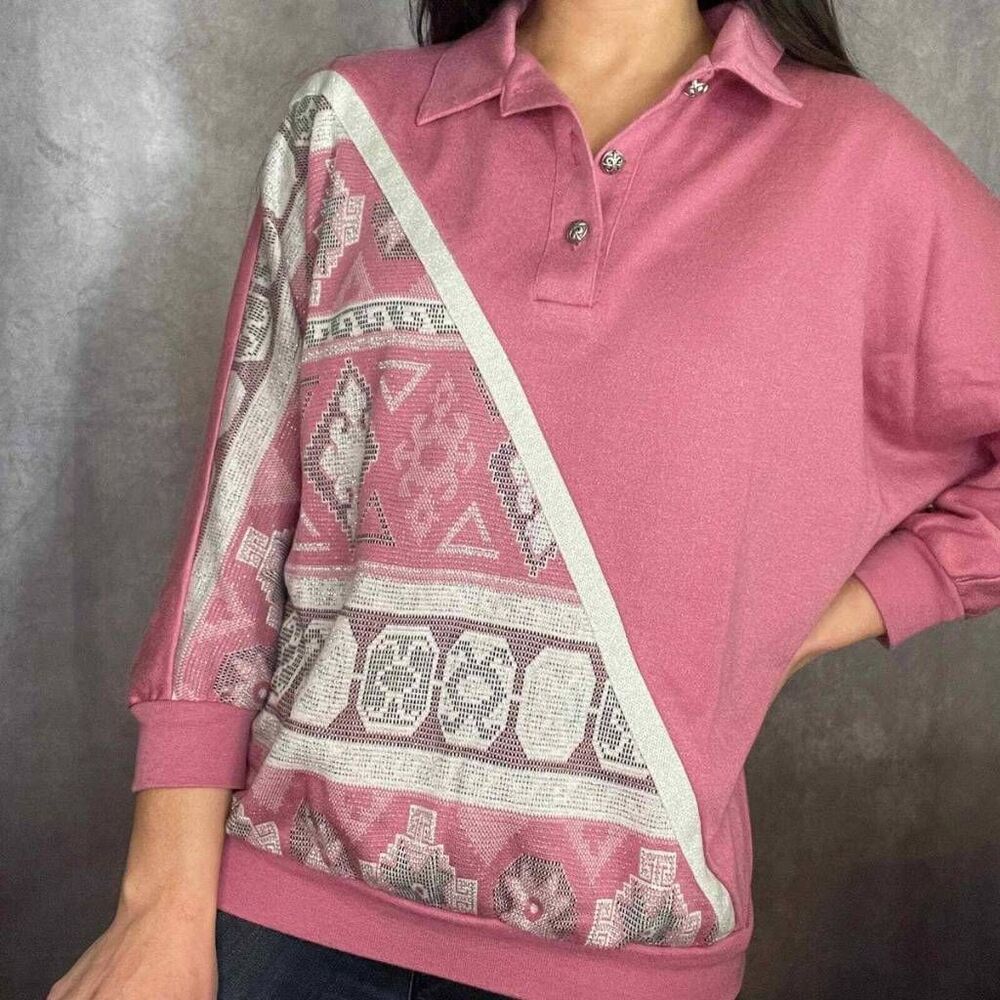Graff Californiawear Vintage Pink Metallic Henley Sweatshirt Medium Retro Preppy